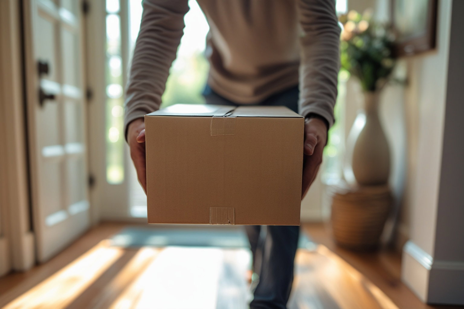 Iemand draagt een neutraal, ongemarkeerd pakket een hal in