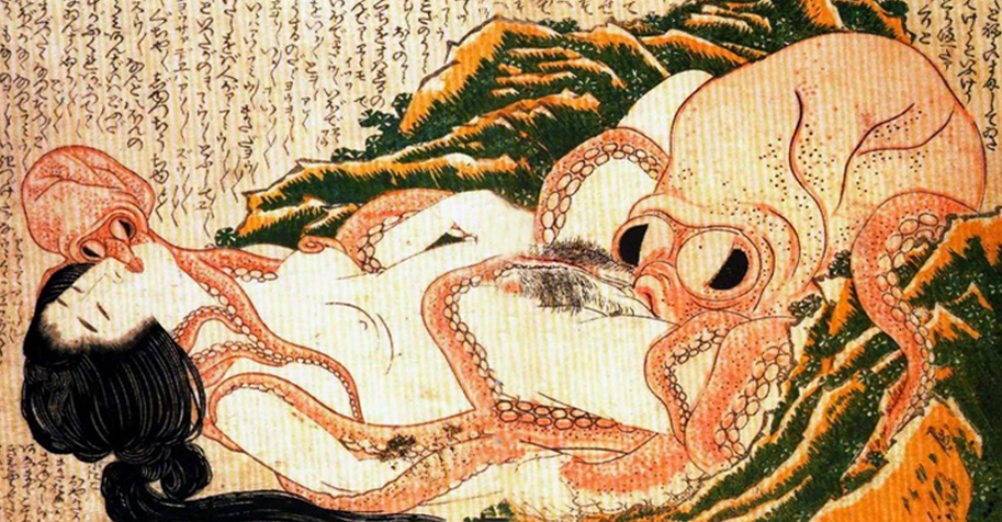 Vintage shunga-kunst van een vrouw die wordt opgegeten door een octopus