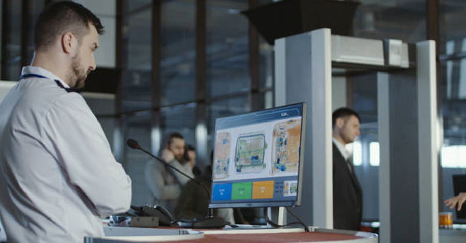 Luchthaven veiligheidscontrole met personeel en monitor